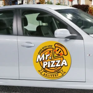 car magnet on the side of a pizza delivery car