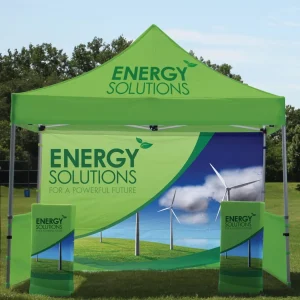 outdoor trade show exhibit with tent, backwall, sidewalls and podium stands